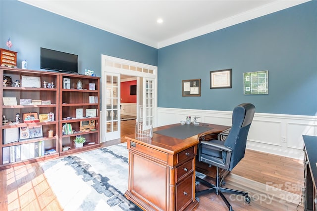 1868 Chestnut Hill Dr, Tega Cay, SC 29708 - office featuring french doors, wood finished floors, a wainscoted wall, and crown molding