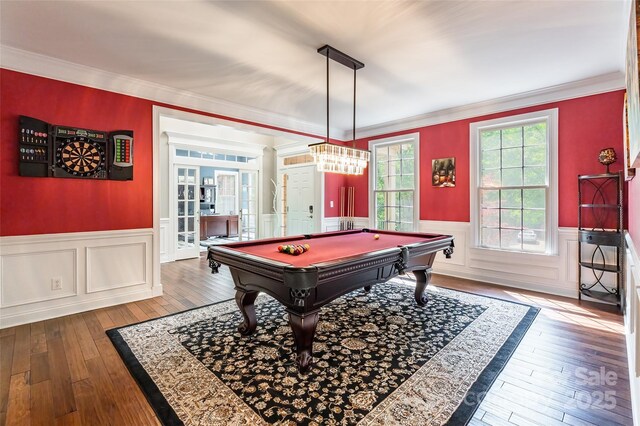 1868 Chestnut Hill Dr, Tega Cay, SC 29708 - recreation room featuring hardwood / wood-style flooring, wainscoting, billiards table, and ornamental molding