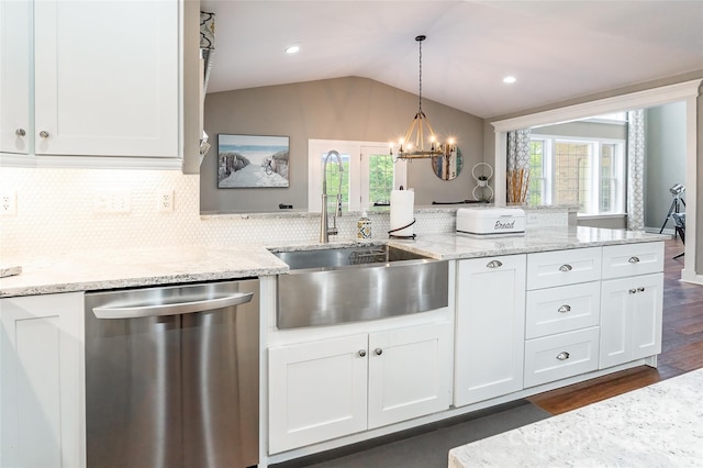 1868 Chestnut Hill Dr, Tega Cay, SC 29708 - kitchen with dishwasher, a sink, white cabinetry, vaulted ceiling, and dark wood-style floors