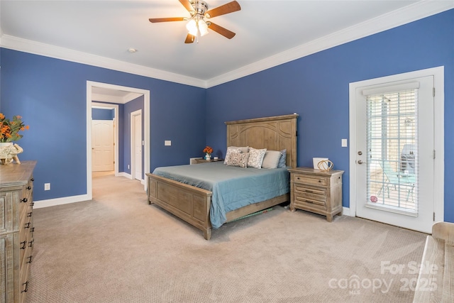 1868 Chestnut Hill Dr, Tega Cay, SC 29708 - bedroom with light colored carpet, access to outside, ornamental molding, baseboards, and a ceiling fan