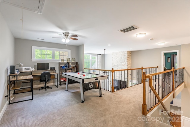 1868 Chestnut Hill Dr, Tega Cay, SC 29708 - rec room featuring attic access, carpet flooring, a desk, a ceiling fan, and baseboards