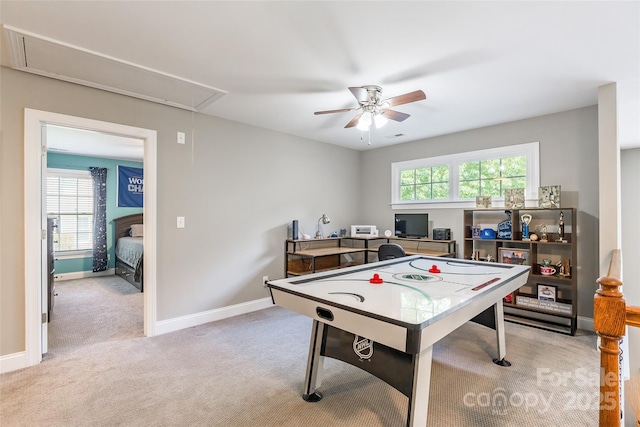 1868 Chestnut Hill Dr, Tega Cay, SC 29708 - recreation room with attic access, light carpet, a ceiling fan, and baseboards