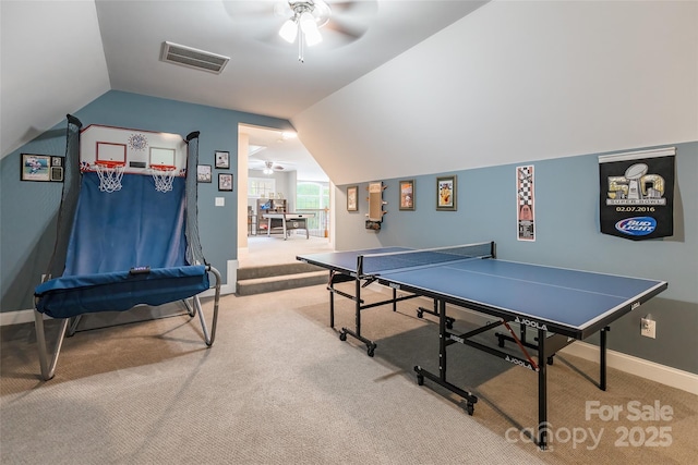 1868 Chestnut Hill Dr, Tega Cay, SC 29708 - game room with a ceiling fan, carpet flooring, vaulted ceiling, and baseboards