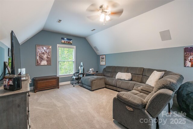 1868 Chestnut Hill Dr, Tega Cay, SC 29708 - living area featuring light carpet, a ceiling fan, vaulted ceiling, and baseboards