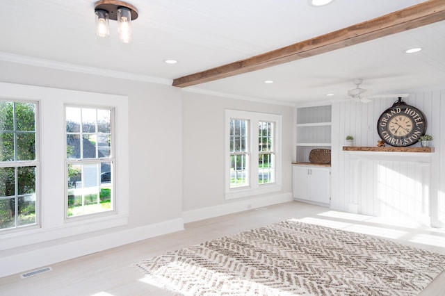113 Elwood St, Kannapolis, NC 28081 - unfurnished living room featuring healthy amount of natural light, recessed lighting, beam ceiling, ornamental molding, and ceiling fan