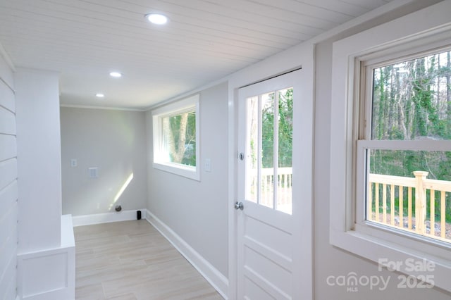113 Elwood St, Kannapolis, NC 28081 - doorway featuring baseboards, recessed lighting, light wood-style floors, and ornamental molding