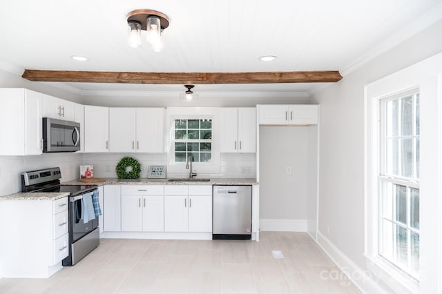 113 Elwood St, Kannapolis, NC 28081 - kitchen with stainless steel appliances, a sink, beamed ceiling, ornamental molding, and tasteful backsplash