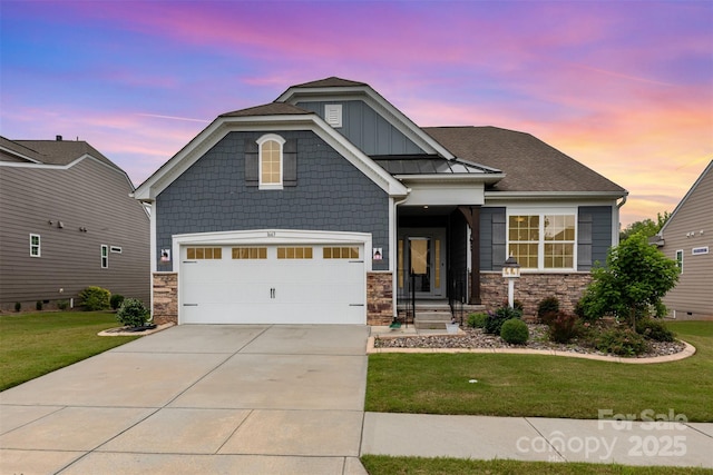 1663 Tranquility Blvd, Lancaster, SC 29720 - craftsman-style home featuring a front lawn, concrete driveway, stone siding, and board and batten siding