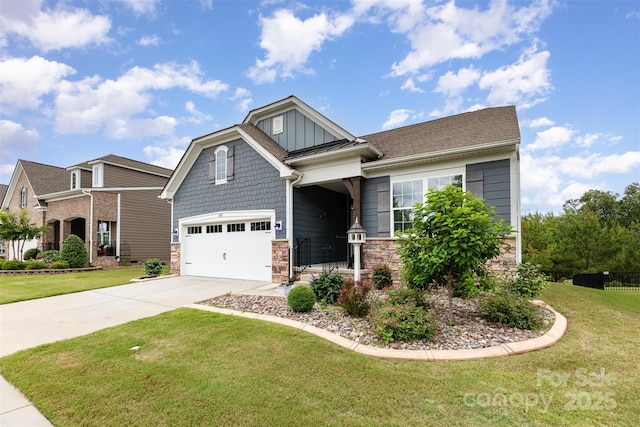 1663 Tranquility Blvd, Lancaster, SC 29720 - craftsman-style house featuring stone siding, driveway, a front lawn, a garage, and board and batten siding