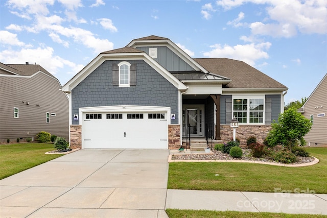 1663 Tranquility Blvd, Lancaster, SC 29720 - craftsman-style house with a front lawn, stone siding, concrete driveway, and board and batten siding