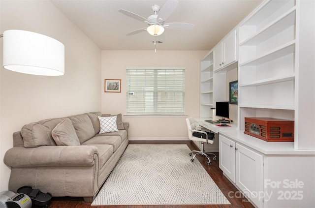 1663 Tranquility Blvd, Lancaster, SC 29720 - office area with dark wood-type flooring, a ceiling fan, built in study area, and baseboards