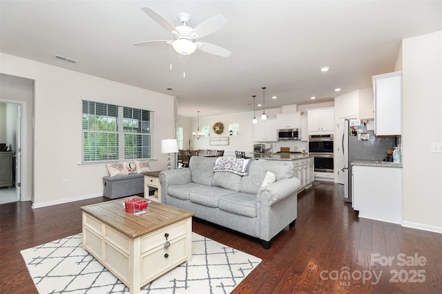 1663 Tranquility Blvd, Lancaster, SC 29720 - living room with a ceiling fan, dark wood-style flooring, recessed lighting, and baseboards