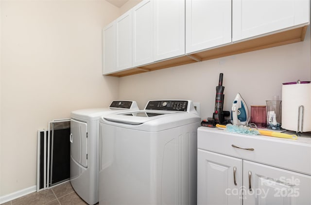 1663 Tranquility Blvd, Lancaster, SC 29720 - laundry area with separate washer and dryer, cabinet space, light tile patterned flooring, and baseboards