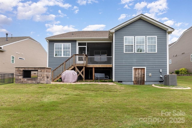 1663 Tranquility Blvd, Lancaster, SC 29720 - rear view of house featuring a sunroom, central AC unit, and stairs