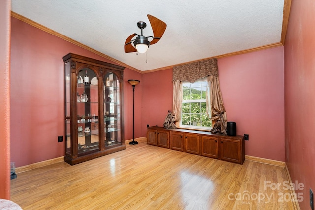1720 Lowe Dr, Catawba, NC 28609 - home office featuring light wood-style flooring, a ceiling fan, ornamental molding, baseboards, and a textured ceiling