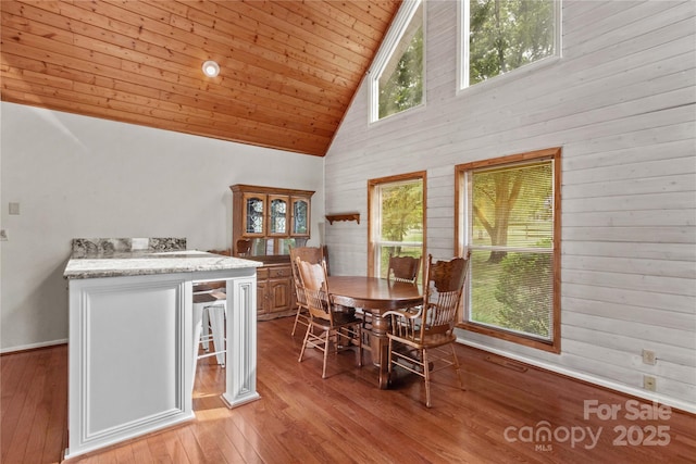 296 Hicks Creek Rd, Troutman, NC 28166 - dining area featuring high vaulted ceiling, wood ceiling, light wood finished floors, wood walls, and baseboards