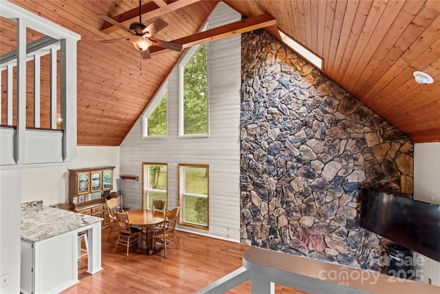 296 Hicks Creek Rd, Troutman, NC 28166 - dining area featuring wood ceiling, high vaulted ceiling, wood finished floors, healthy amount of natural light, and a ceiling fan