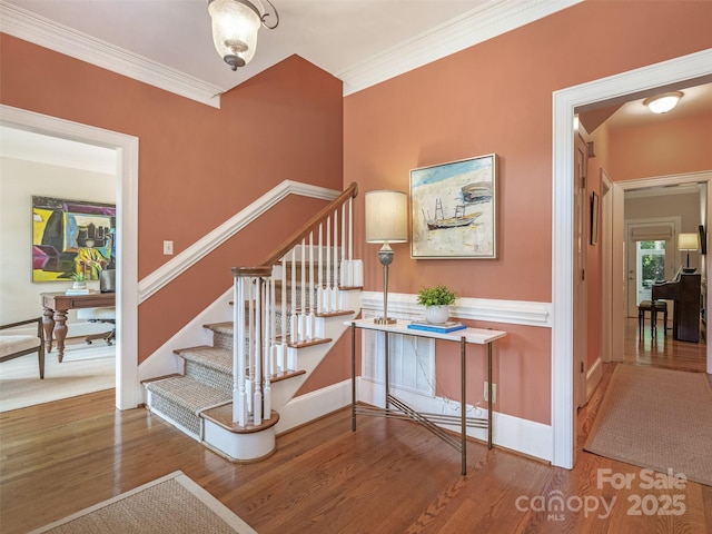 4026 Sharon View Rd, Charlotte, NC 28226 - staircase with wood finished floors, baseboards, and crown molding