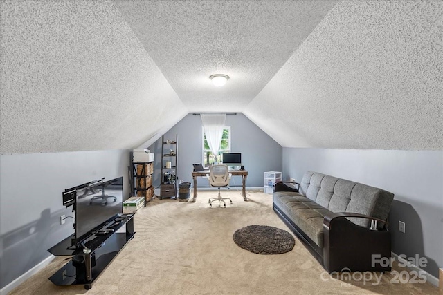 13528 Philip Michael Rd, Huntersville, NC 28078 - living room featuring a desk, vaulted ceiling, a textured ceiling, and carpet floors