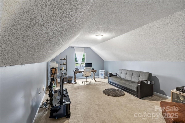 13528 Philip Michael Rd, Huntersville, NC 28078 - interior space with a desk, carpet floors, lofted ceiling, and a textured ceiling