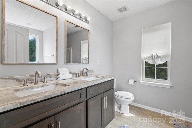 13528 Philip Michael Rd, Huntersville, NC 28078 - bathroom featuring plenty of natural light, double vanity, wood finished floors, and a textured ceiling