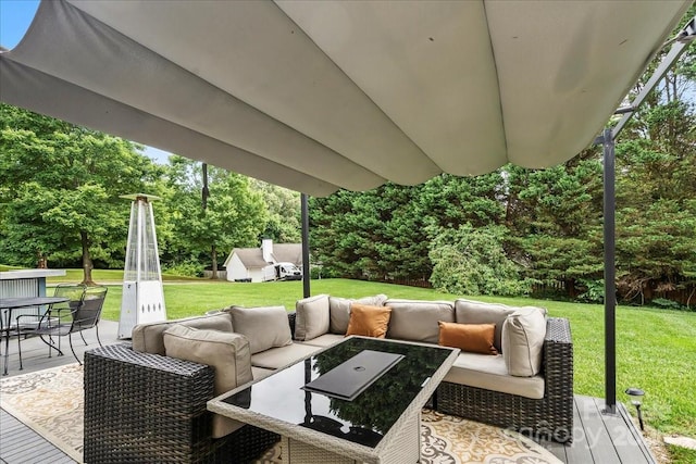 13528 Philip Michael Rd, Huntersville, NC 28078 - view of patio / terrace with outdoor lounge area, view of scattered trees, and a wooden deck
