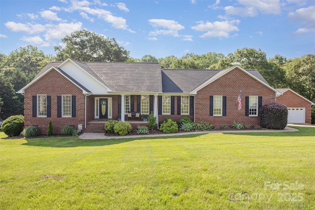 214 Silver Creek Ln, Shelby, NC 28152 - ranch-style home featuring brick siding, a front yard, a garage, and a porch