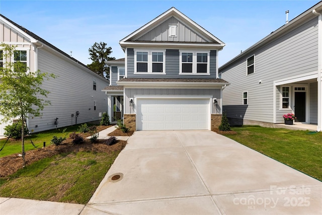 15208 Caspian Way, Charlotte, NC 28278 - craftsman-style house with board and batten siding, an attached garage, driveway, brick siding, and a front yard
