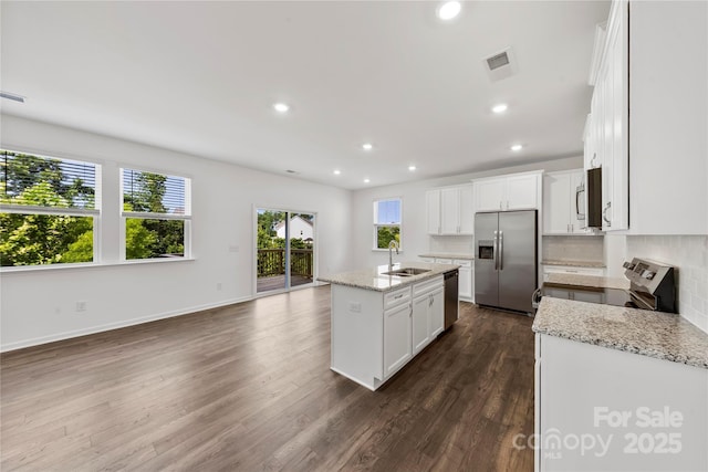 15208 Caspian Way, Charlotte, NC 28278 - kitchen featuring stainless steel appliances, a sink, an island with sink, recessed lighting, and dark wood-style flooring