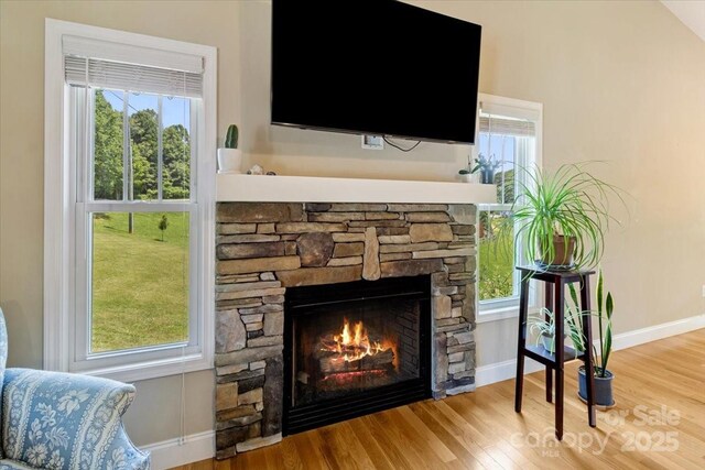 39 Curtis Miles Rd, Alexander, NC 28701 - detailed view of a stone fireplace, wood finished floors, and baseboards