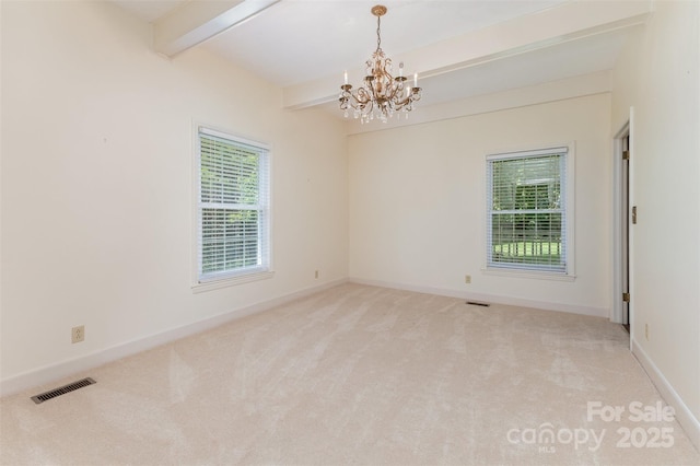 130 Merton Rd, Lawndale, NC 28090 - spare room featuring plenty of natural light, beamed ceiling, a chandelier, light colored carpet, and baseboards