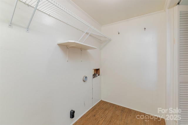 130 Merton Rd, Lawndale, NC 28090 - laundry area featuring light wood finished floors, washer hookup, crown molding, and baseboards