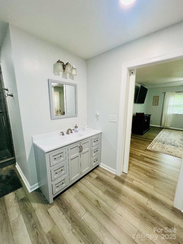 734 Forestbrook Dr, Gastonia, NC 28056 - bathroom featuring wood finished floors, vanity, and an enclosed shower