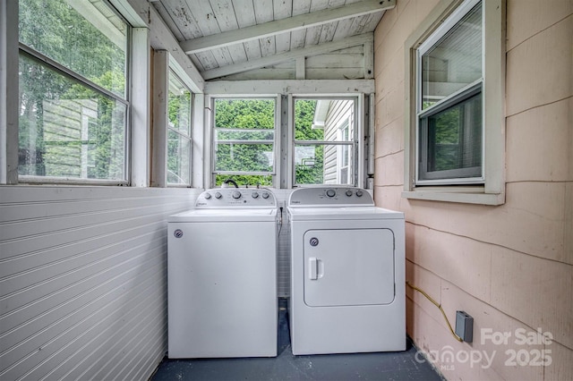 843 Summers Rd, Valdese, NC 28690 - laundry area featuring independent washer and dryer and wood walls