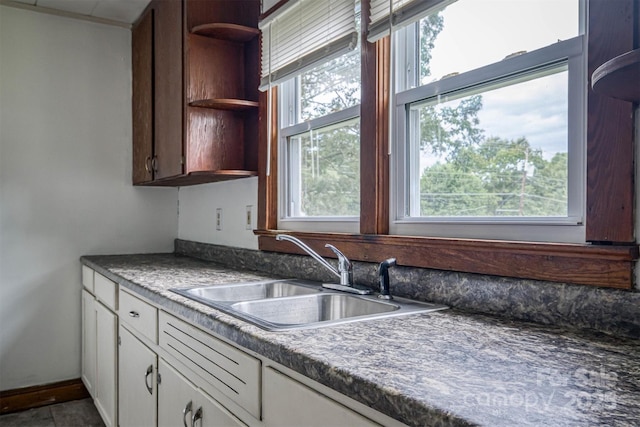 843 Summers Rd, Valdese, NC 28690 - kitchen featuring open shelves, white cabinetry, and dark countertops