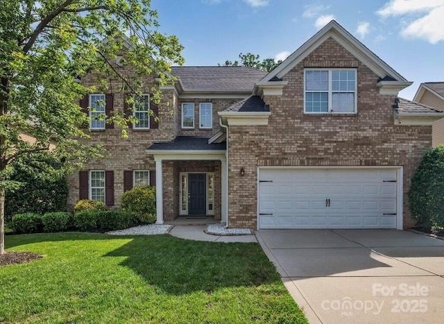 6004 Trailwater Rd, Charlotte, NC 28278 - view of front facade featuring driveway, a garage, a front lawn, brick siding, and roof with shingles