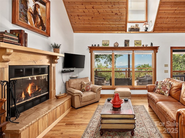 505 Middle Top Loop, Maggie Valley, NC 28751 - living area with a glass covered fireplace, high vaulted ceiling, wood finished floors, and wood ceiling