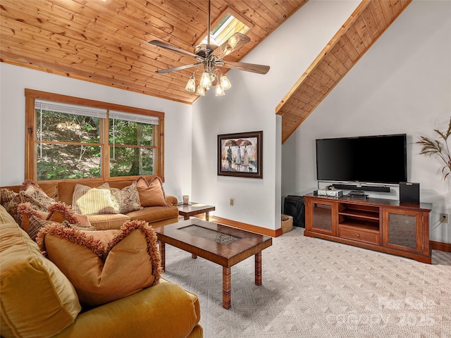 505 Middle Top Loop, Maggie Valley, NC 28751 - living area with baseboards, carpet floors, wood ceiling, ceiling fan, and high vaulted ceiling