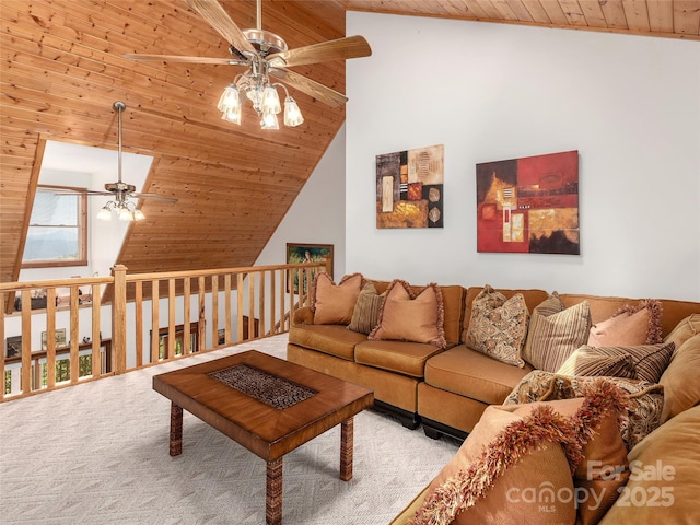 505 Middle Top Loop, Maggie Valley, NC 28751 - living area with ceiling fan, wood ceiling, carpet, and high vaulted ceiling