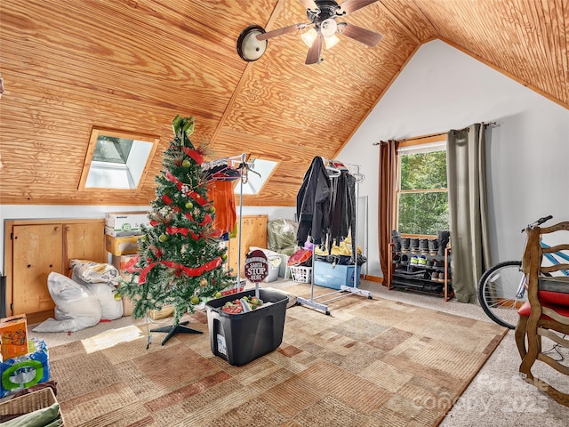 505 Middle Top Loop, Maggie Valley, NC 28751 - sitting room with carpet, wood ceiling, vaulted ceiling, a ceiling fan, and a skylight