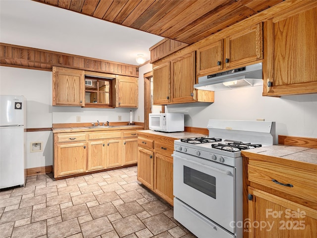 505 Middle Top Loop, Maggie Valley, NC 28751 - kitchen featuring white appliances, under cabinet range hood, stone finish flooring, and a sink
