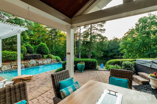 1849 Still Water Ln, Indian Land, SC 29707 - view of patio with a hot tub, a pergola, an outdoor pool, and outdoor dining area