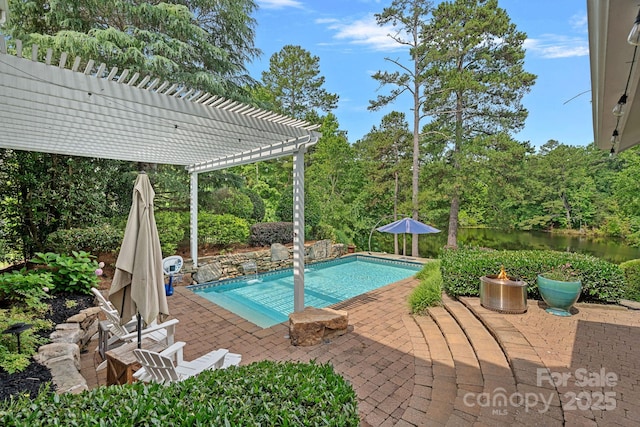 1849 Still Water Ln, Indian Land, SC 29707 - outdoor pool with a pergola, a fire pit, a patio, and a water view
