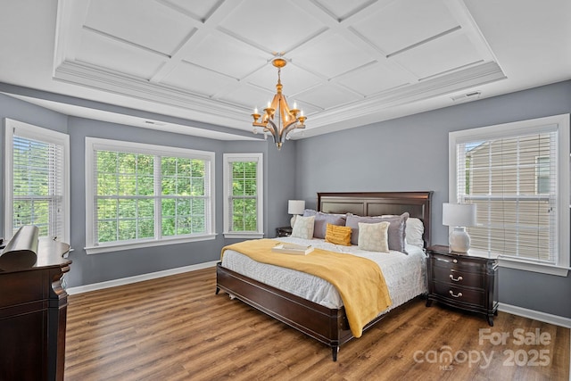 1849 Still Water Ln, Indian Land, SC 29707 - bedroom featuring a chandelier, coffered ceiling, baseboards, and wood finished floors