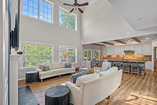 1849 Still Water Ln, Indian Land, SC 29707 - living area featuring a ceiling fan, healthy amount of natural light, light wood-type flooring, and a high ceiling