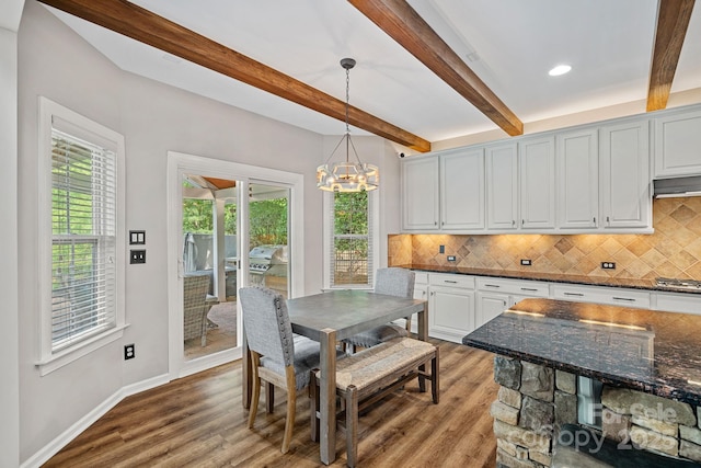 1849 Still Water Ln, Indian Land, SC 29707 - dining room featuring beam ceiling, wood finished floors, baseboards, a chandelier, and recessed lighting