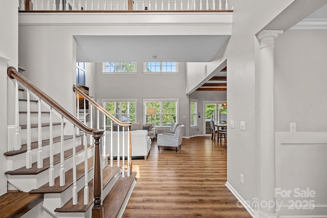 1849 Still Water Ln, Indian Land, SC 29707 - entryway with wood finished floors, stairway, a high ceiling, and baseboards