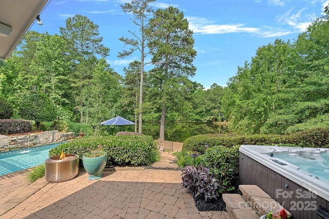 1849 Still Water Ln, Indian Land, SC 29707 - view of patio featuring a hot tub, an outdoor pool, and a forest view