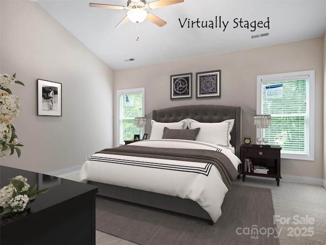 241 Millbrae Loop, Hendersonville, NC 28791 - bedroom with carpet floors, vaulted ceiling, baseboards, and a ceiling fan