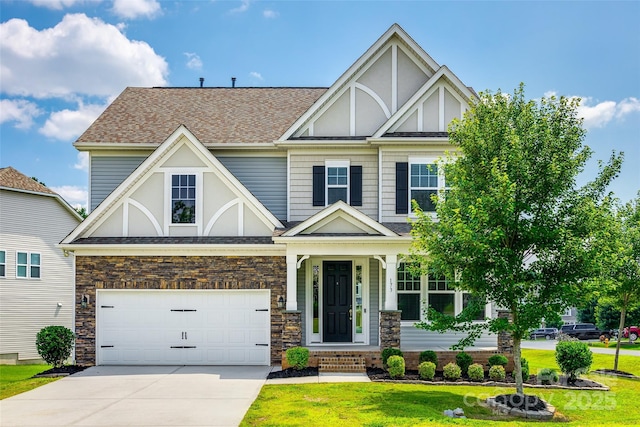 173 Morgans Branch Rd, Belmont, NC 28012 - view of front of home with a front yard, concrete driveway, a garage, and roof with shingles